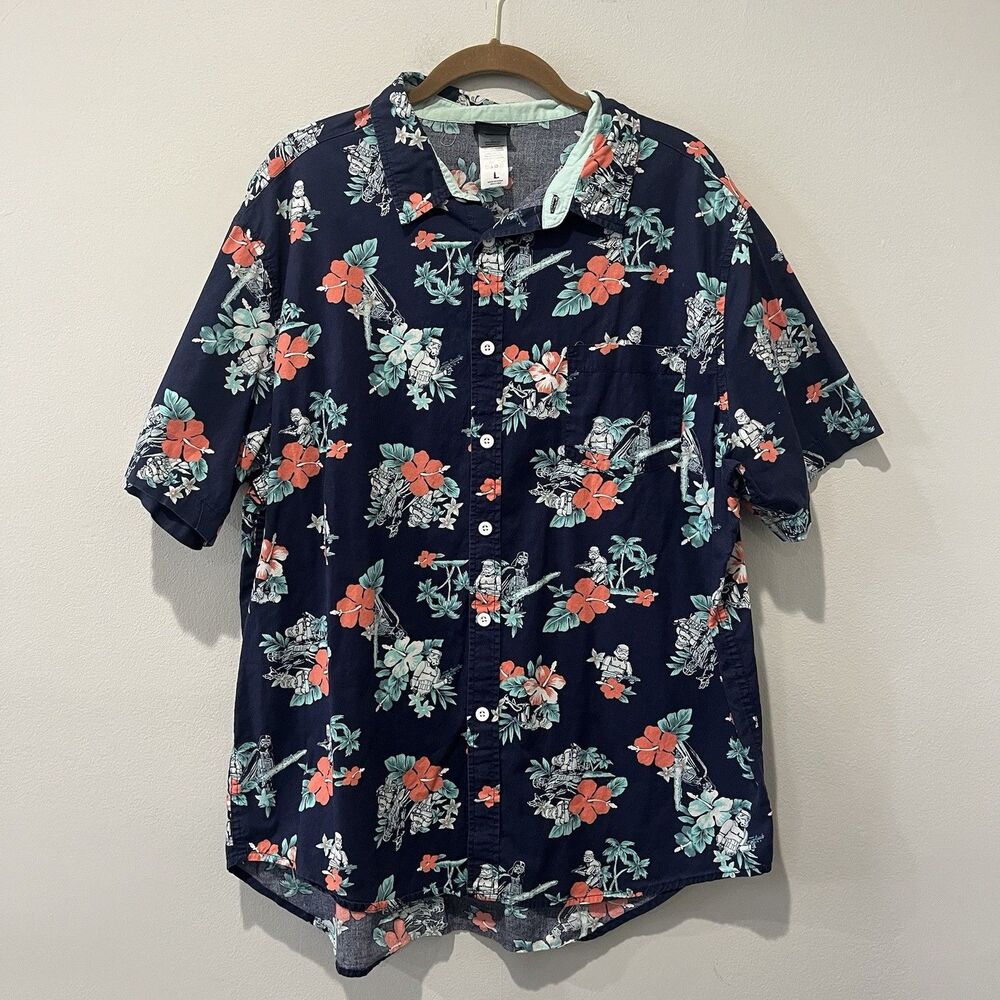 Star Wars Hawaiian Shirt Men's Large AOP Short Sleeve Navy Blue Floral Button Up